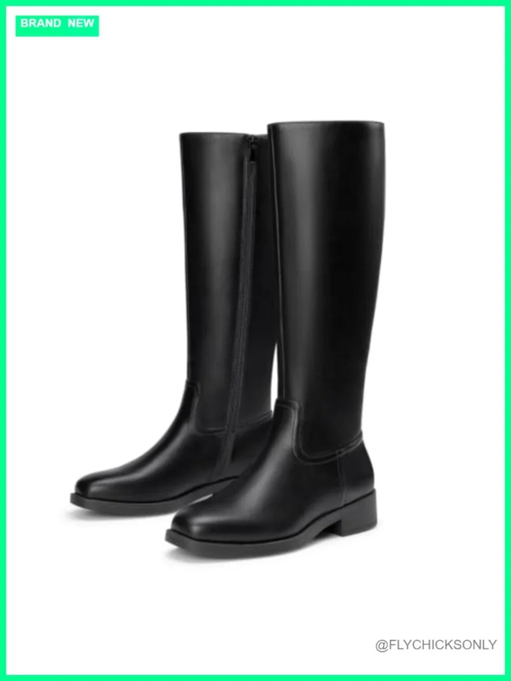 Knee High Boots Flat Chunky Heel Square Toe Side Zipper PU Leather Faux Suede